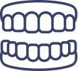 Illustration of upper and lower dentures showing full dental prosthetic teeth arrangement.